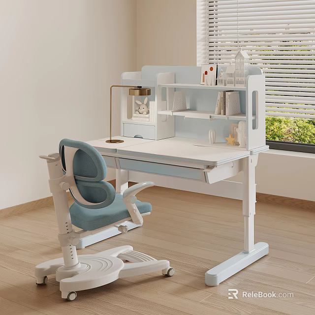 White Kids Study Desk With Blue Ergonomic Chair And Shelf Near Window On Wooden Floor 3d model 