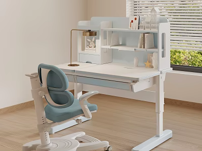 White Kids Study Desk With Blue Ergonomic Chair And Shelf Near Window On Wooden Floor 3d model