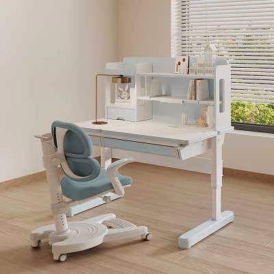 White Kids Study Desk With Blue Ergonomic Chair And Shelf Near Window On Wooden Floor 3d model