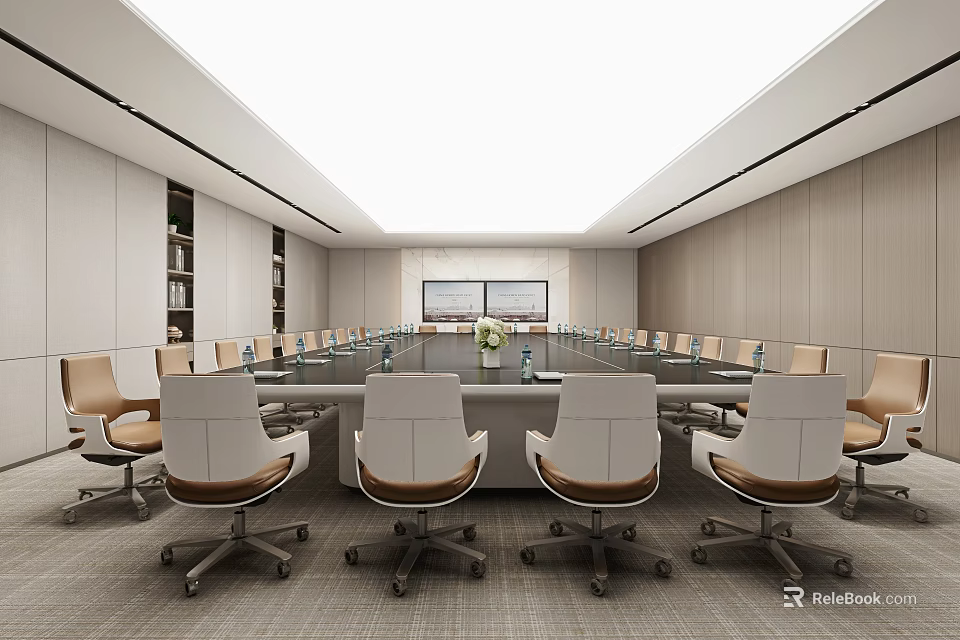 Modern Conference Room Interior Design With Long Table Comfortable Chairs And Projector Screen 3d model