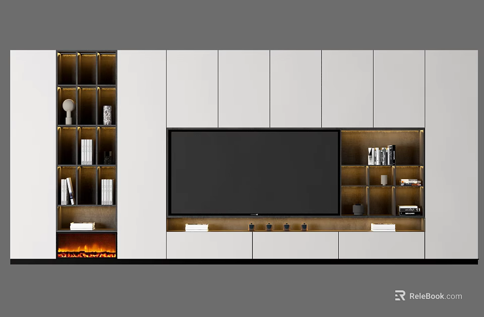Modern Living Room TV Wall Unit With White Wood Cabinets Open Shelves And Storage 3d model 