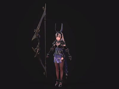 Game Fantasy Female Character With Rabbit Ears Purple Black Outfit And Large Bow Armor Details 3d model