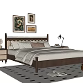 Double Bed with Decorative Paintings Nightstands Table Lamps and Geometric Pattern Rug