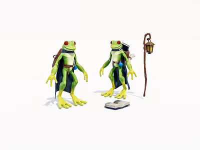Two Game Anime Green Frog Characters With Cloaks Backpacks Lantern And Book 3d model