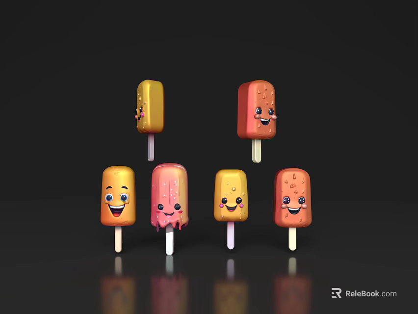 Fun Colorful Popsicles With Smiling Faces On Black Background And Bright Hues 3d model 