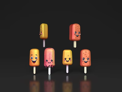Fun Colorful Popsicles With Smiling Faces On Black Background And Bright Hues 3d model
