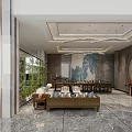 Luxurious Hotel Lobby Interior With Grand Chandelier Marble Floor And Art Mural