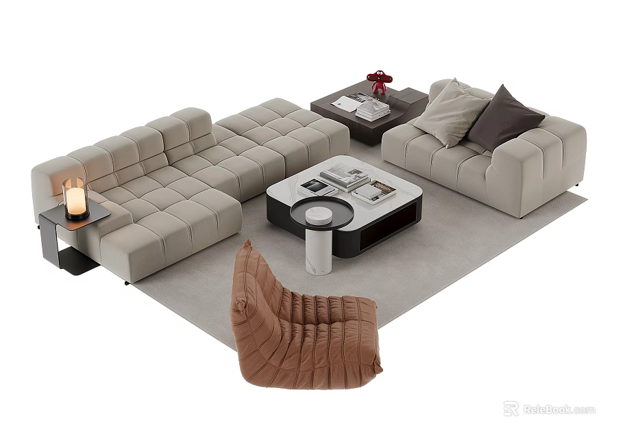 Modern Beige Modular Sofa and Coffee Table Set with Side Table and Brown Accent Chair 3d model