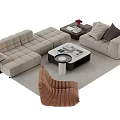 Modern Beige Modular Sofa and Coffee Table Set with Side Table and Brown Accent Chair 3d model