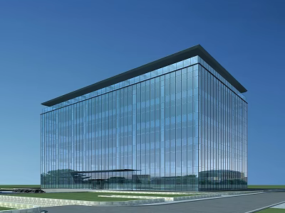 Modern Office Building With Glass Curtain Wall Under Blue Sky Surrounded By Lawn And Road 3d model