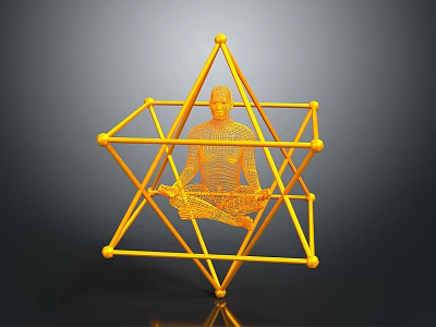 Orange Geometric Structure With Wireframe Human Figure In Cross Legged Meditation Pose 3d model