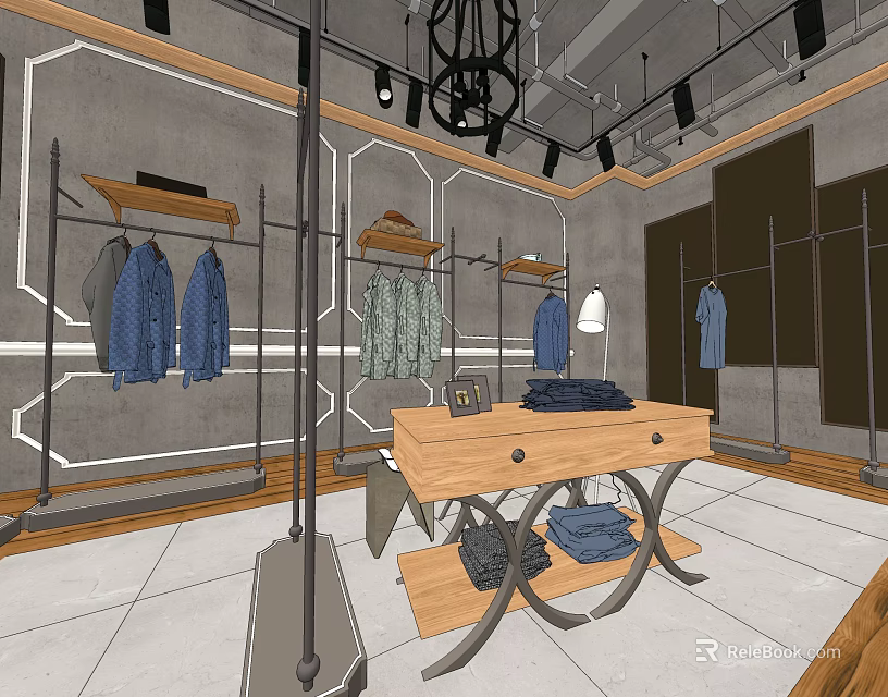 Modern Clothing Store Interior With Clothing Racks Displayed Clothes And Wooden Display Table 3d model 