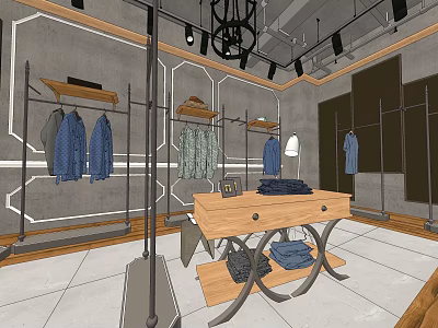 Modern Clothing Store Interior With Clothing Racks Displayed Clothes And Wooden Display Table 3d model