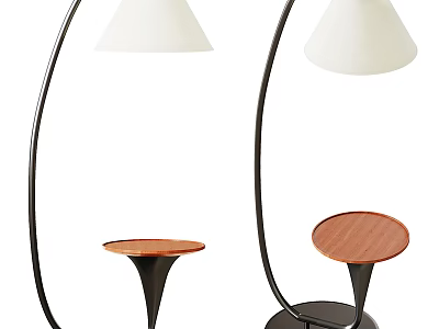 Modern Floor Lamp With White Shade Black Pole And Wooden Brown Tabletop Design 3d model