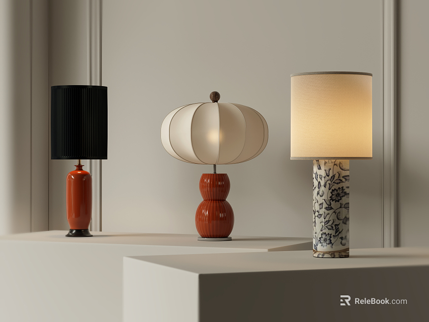 Elegant Table Lamps With Black White Beige Shades And Orange Gourd Patterned Bases 3d model 
