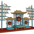 Traditional Chinese Style Photo Check-in Spot with Golden Roof Blue Pillars and Red Lantern Decorations