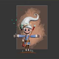Cute Elf Character With White Curly Hair Green Floating Leaves Blue Coat And Red Staff