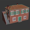 Residential Building With Red Exterior Green Shutters Red Roof Tiles Green Door And Staircase