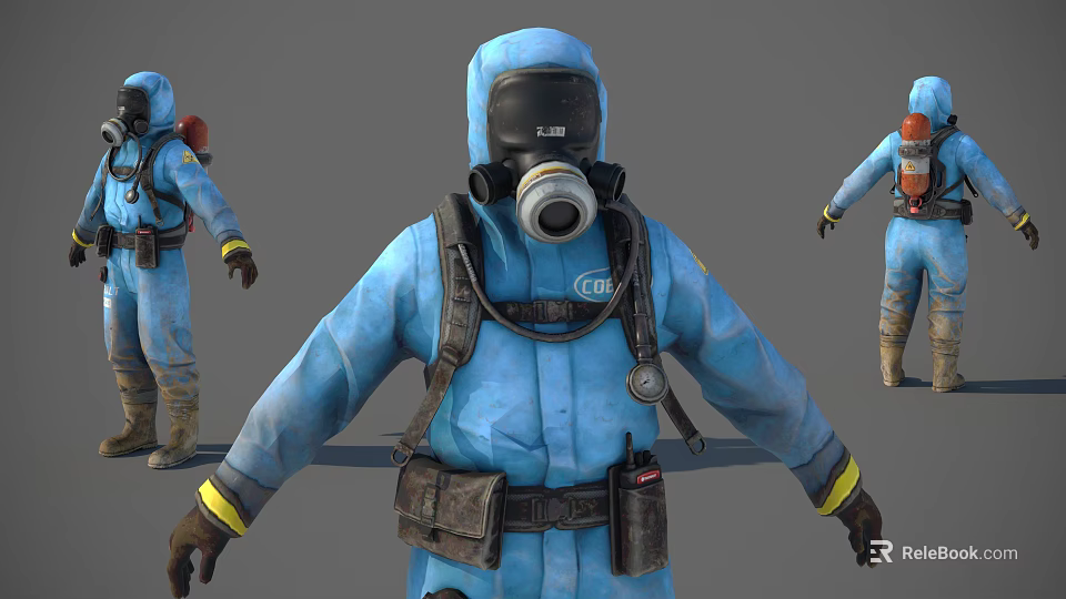Detailed Game Movie Character In Blue Hazmat Suit With Gas Mask And Backpack 3d model 