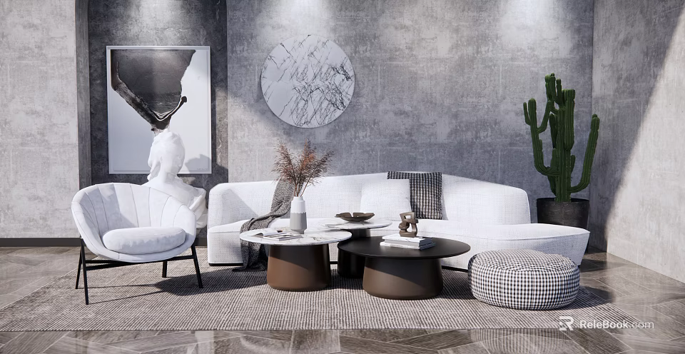 Modern White Sofa And Coffee Table Set With Cushions Vase Decor Rug On Grey Wall 3d model 