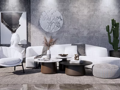 Modern White Sofa And Coffee Table Set With Cushions Vase Decor Rug On Grey Wall 3d model