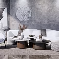 Modern White Sofa And Coffee Table Set With Cushions Vase Decor Rug On Grey Wall