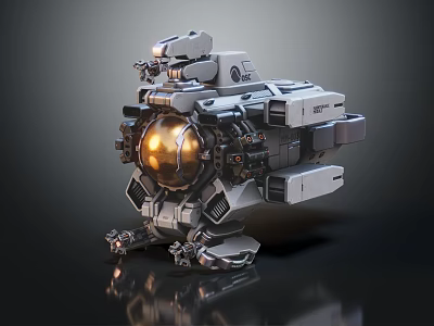Sci-Fi Mechanical Robot With Golden Sphere And Detailed Gray Metallic Structure Reflective Surface 3d model