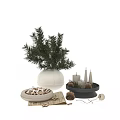 Decorative Ornament Set With White Vase Green Pine Branches Candles Pine Cones And Star Decorations