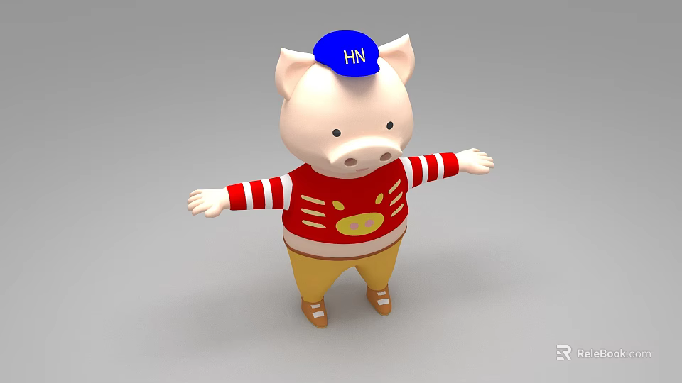 Pig Doll With Blue Hat HN Letters Red White Striped Shirt Yellow Pants Arms Outstretched 3d model 