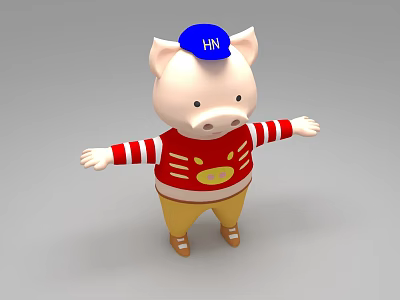 Pig Doll With Blue Hat HN Letters Red White Striped Shirt Yellow Pants Arms Outstretched 3d model