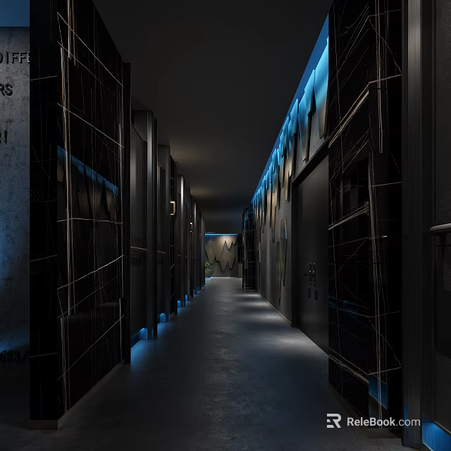 Spacious Modern Public Restroom Interior Corridor With Black Marble Walls Blue Lighting And Sleek Floors 3d model 