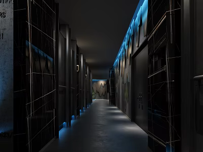 Spacious Modern Public Restroom Interior Corridor With Black Marble Walls Blue Lighting And Sleek Floors 3d model