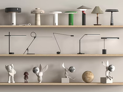 Various Modern Table Lamps Display On Wooden Shelf With Different Designs 3d model