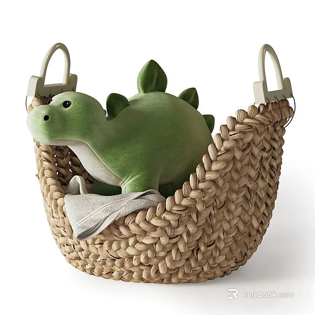 Green Dinosaur Plush Toy in Woven Basket with Soft Gray Cloth 3d model 