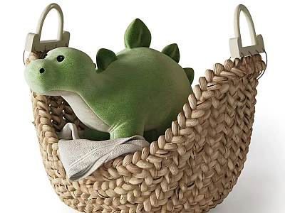 Green Dinosaur Plush Toy in Woven Basket with Soft Gray Cloth 3d model