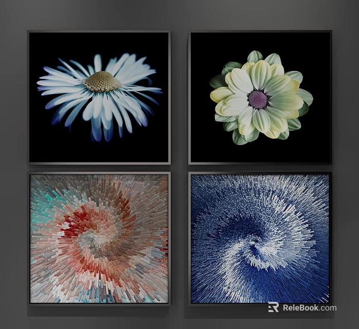 Set of Four Botanical Paintings With Floral And Abstract Spiral Designs 3d model 