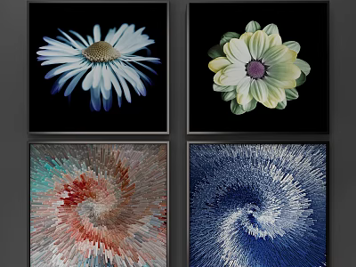 Set of Four Botanical Paintings With Floral And Abstract Spiral Designs 3d model