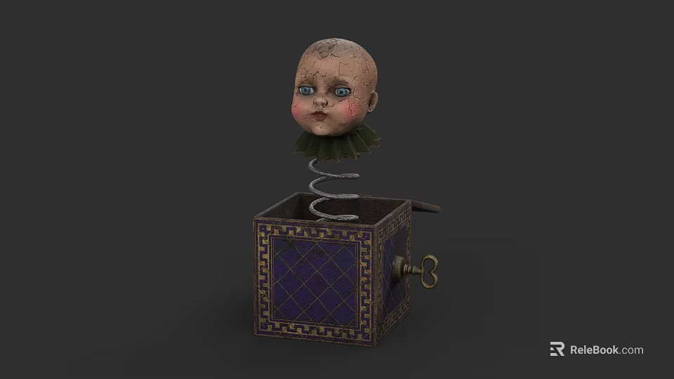 Unique Doll Head On Spring Decorative Box With Key And Pattern 3d model 