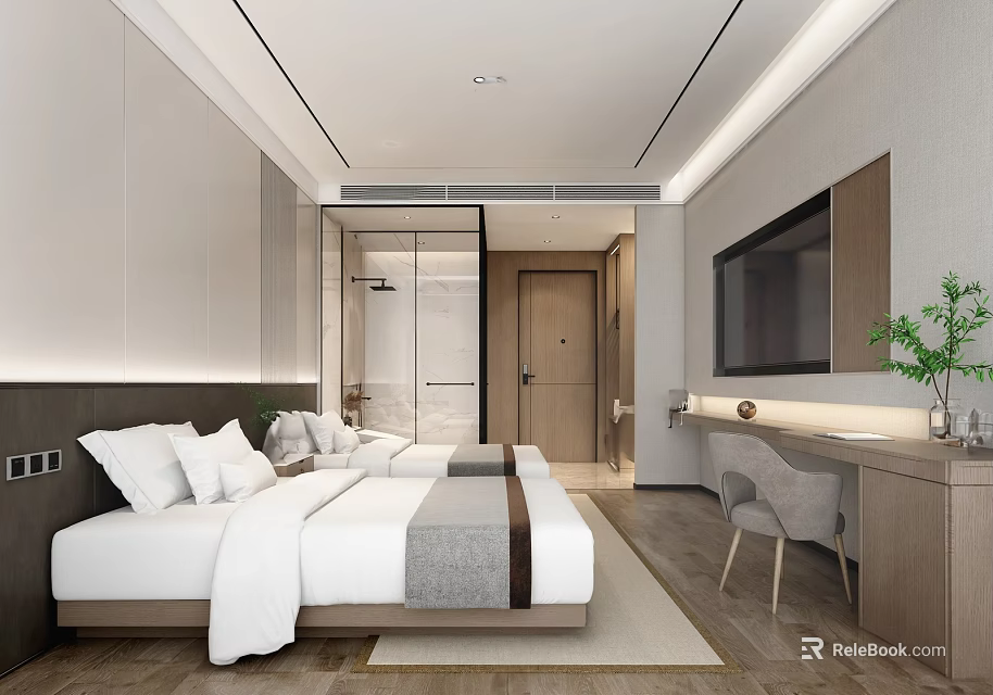 Hotel Guest Room Two Beds White Sheets Gray Runners Wooden Flooring Desk TV Green Plant 3d model 