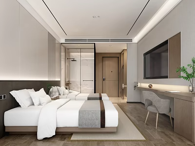 Hotel Guest Room Two Beds White Sheets Gray Runners Wooden Flooring Desk TV Green Plant 3d model