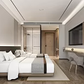 Hotel Guest Room Two Beds White Sheets Gray Runners Wooden Flooring Desk TV Green Plant