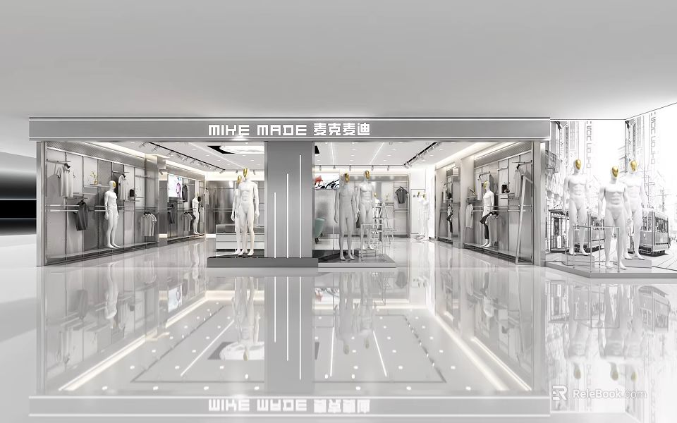 Modern Clothing Store Interior With Clothing Displays Mannequins Bright Lighting And Spacious Design 3d model 