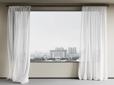 Elegant White Sheer Curtains Hanging By Window With Urban City View 3d model