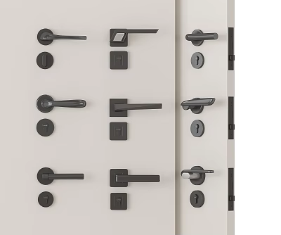 Various Modern Metal Door Handles With Different Designs Installed On Light Colored Doors 3d model