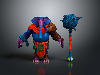Game Movie Character Elephant Like Blue Purple With Red Cape Brown Armor And Spiked Hammer 3d model