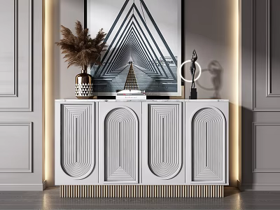 Modern White Console Cabinet with Carved Design Golden Legs and Decorative Items 3d model