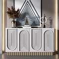 Modern White Console Cabinet with Carved Design Golden Legs and Decorative Items