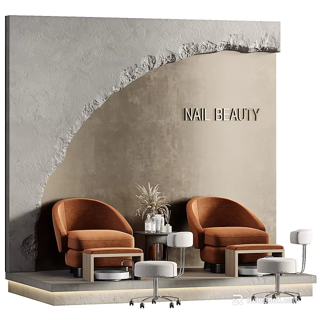 Modern Nail Beauty Salon With Orange Velvet Chairs Gray Arched Wall And Small Round Stools 3d model 