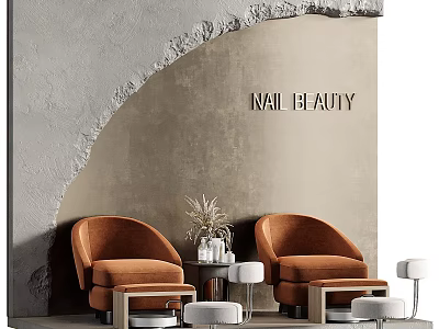 Modern Nail Beauty Salon With Orange Velvet Chairs Gray Arched Wall And Small Round Stools 3d model