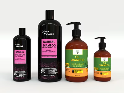 Assorted Bathroom Accessories With Shampoo Bottles Featuring Natural Labels and Different Sizes 3d model